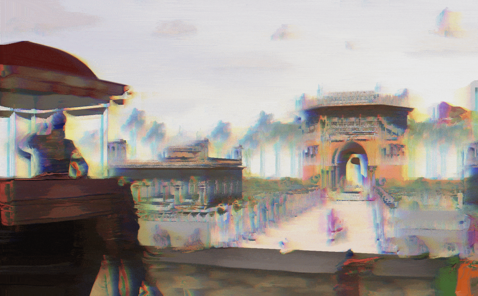 Glitched, color-shifted streetscape with a monumental arch
